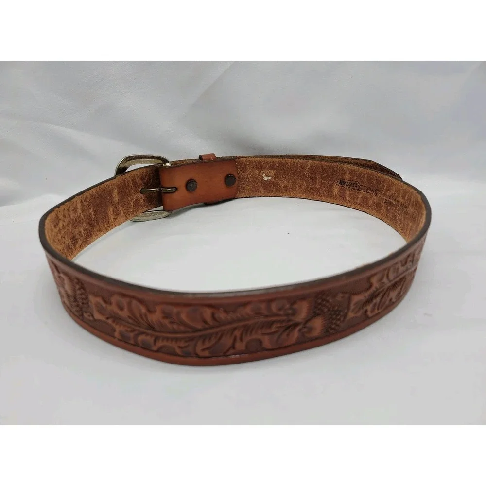 Western Tooled Leather Belt Silver Buckle Size 32 Brown